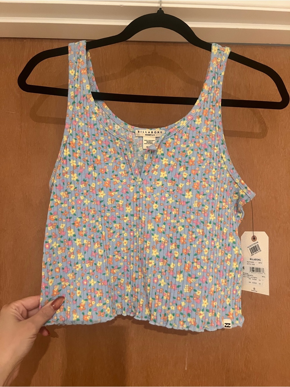 Billabong Light Blue Floral Ribbed Cropped Tank